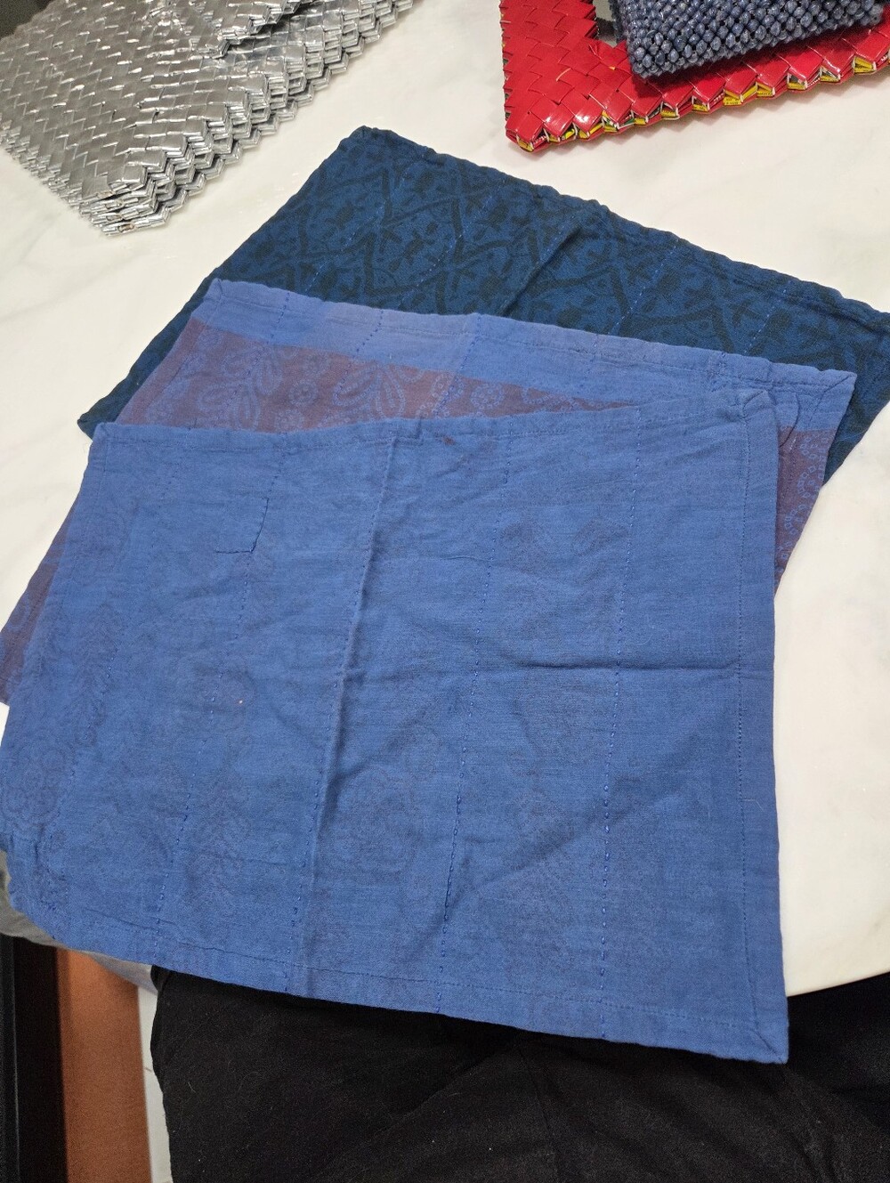 Handsewn Overdyed Artisan Napkins - Set Of 3 Mismatched Blue Designs
